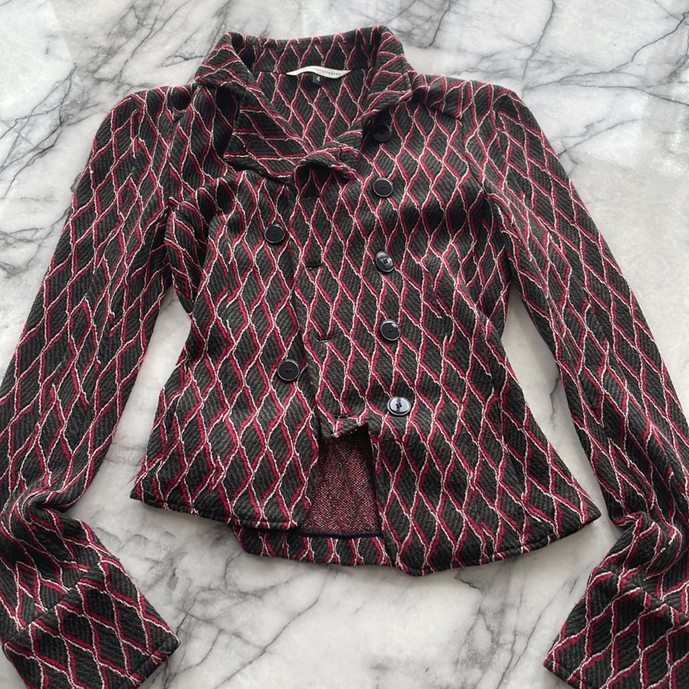 DIANE VON FURSTENBERG BLACK/RED DIAMOND PATTERN WOOL BLAZER SIZE 4